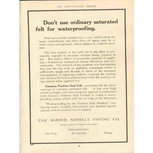 barber asphalt paving company 1910 dont use saturated felt vintage ad