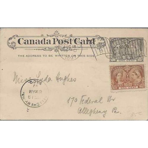 Canada Jubilee #51 + Uprated Postal Card 1897 Toronto B Flag Cancel to USA
