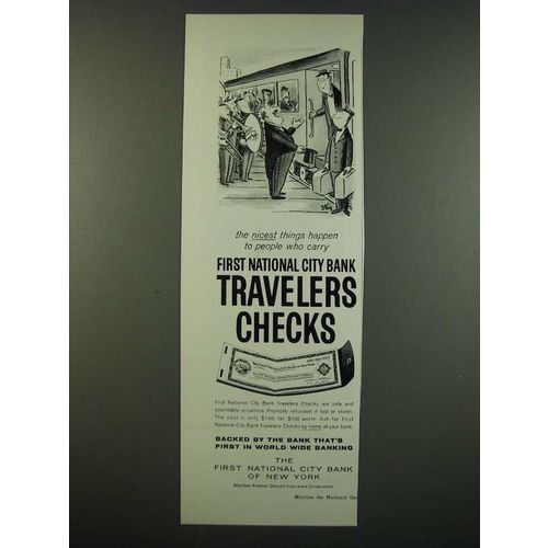 1959 First National City Bank Travelers Checks Ad - cartoon by William Steig