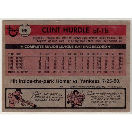1981 Topps baseball card 98 Clint Hurdle - Royals
