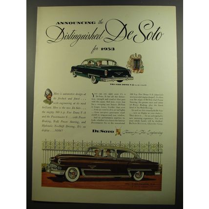 1952 De Soto Fire Dome Car Ad - Announcing the distinguished De Soto