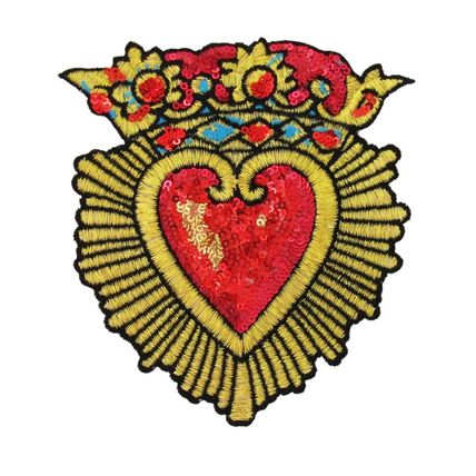 Crown Sequin Heart Iron On Patch Decoration Motif Badge Bright Red & Gold P487