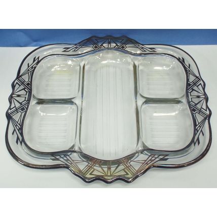 Vintage Real Sterling Silver Paint CAMBRIDGE 1920s Vaseline Glass Relish Tray