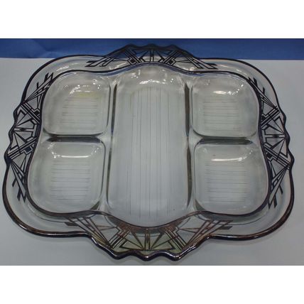 Vintage Real Sterling Silver Paint CAMBRIDGE 1920s Vaseline Glass Relish Tray