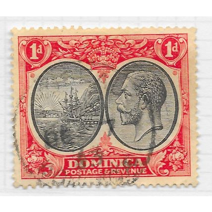 DOMINICA 1923 KG5 ONE PENNY MEDALLION SHIP HEAD BADGE SG73 73 SG USED DATED COPY