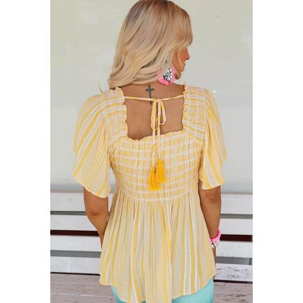 Yellow Striped Print Smocked Flowy Blouse