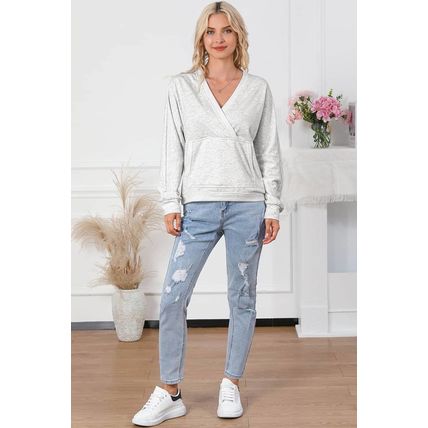 Gray Contrast Trim V Neck Wrap Sweatshirt with Pocket
