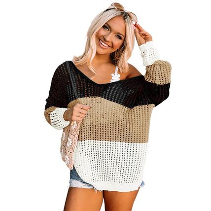 Black Color Block Eyelet Long Sleeve Twisted Back Knit Top