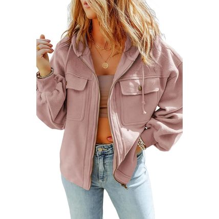 Pink Flap Pocket Drawstring Hood Zip Up Jacket