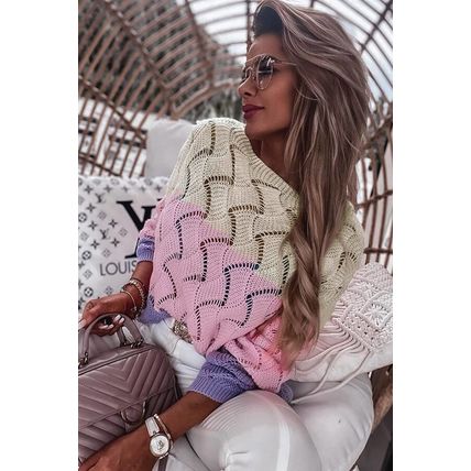 Pink Color Block Hollow Knitted Loose Sweater