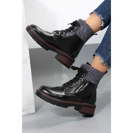 Black Knitted Patched Lace-up Heeled Ankle Boots