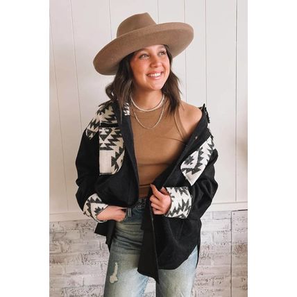Black Aztec Patchwork Buttoned Corduroy Shacket