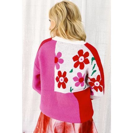 Rose Red Floral Mixed Color Block Sweater