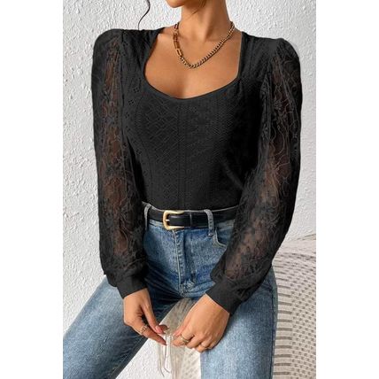 Black Frenchy Contrast Lace Bishop Sleeve Bodysuit
