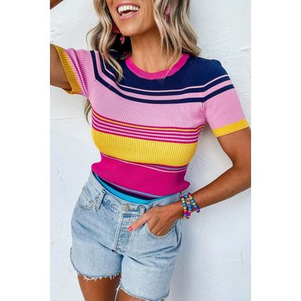 Pink Mixed Stripes Ribbed Knit Top