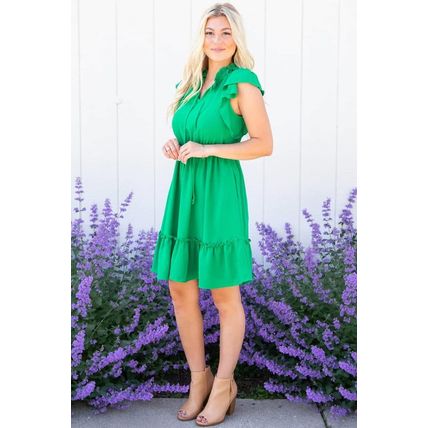 Bright Green Split V Neck Elastic Waist Ruffled Dress