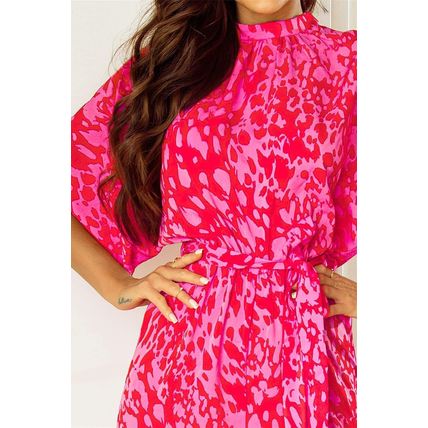 Rose Leopard Loose Sleeve Belted Wide Leg Jumpsuit