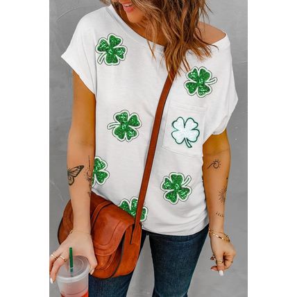 white Sequin St Patrick Clover Patch Pocket Loose Tee