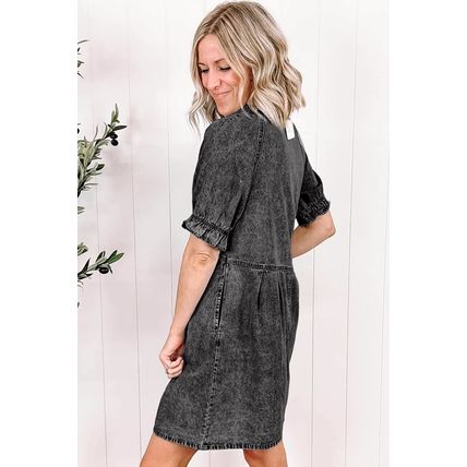 Medium Grey Mineral Wash Ruffled Short Sleeve Buttoned Denim Dress