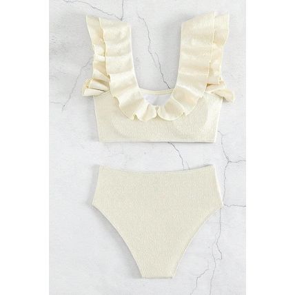 Beige Textured Ruffled Square Neck High Waist Swimsuit