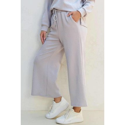 Light Grey Solid Textured Collared V Neck Top and Wide Leg Pants Set