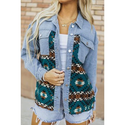 Blue Aztec Printed Denim Jacket