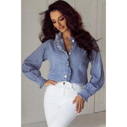 Beau Blue Ruffled Long Sleeve Buttoned Denim Shirt