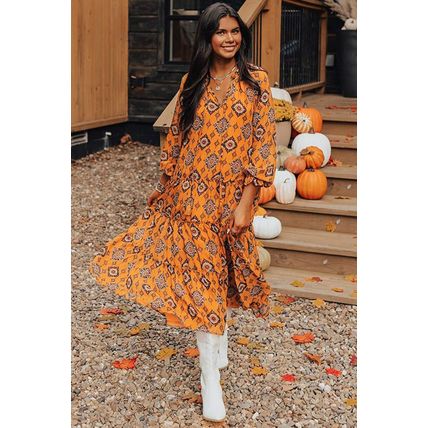 Orange Western Geometric Print Tiered Frilled Loose Fit Midi Dress