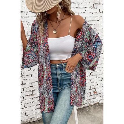 Red Paisley Print Open Front Kimono