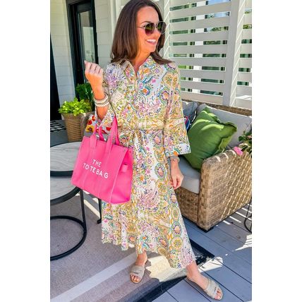 White Paisley Print Buttoned Knotted High Waist Midi Dress