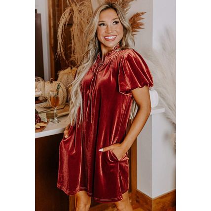 Cinnamon Velvet Smocked Neckline Puff Sleeve Shift Mini Dress