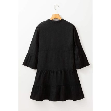Black Chambray Ruffled 3/4 Sleeve Tiered Split V Neck Mini Dress