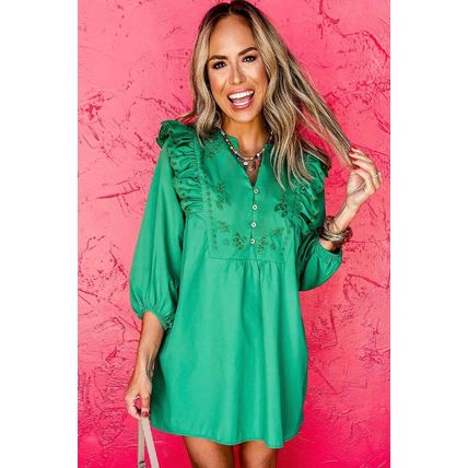 Bright Green Embroidered Ruffled Trim 3/4 Sleeve V Neck Mini Dress
