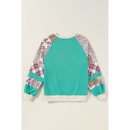 Aruba Blue Plaid Vintage Paisley Patchwork Long Sleeve Raglan Top