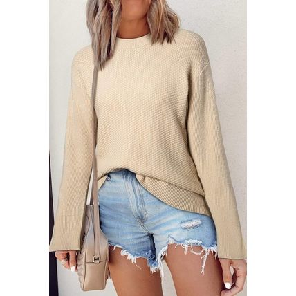 Parchment Solid Textured Knit Split Cuff Drop Shoulder Loose Sweater