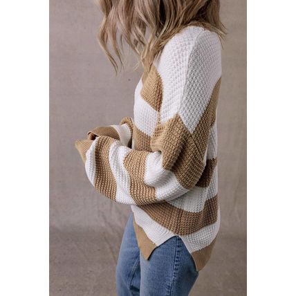 Light French Beige Colorblock Striped Drop Shoulder Side Slit Sweater