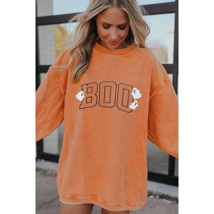Orange Embroidered BOO Ghost Corded Halloween Sweatshirt