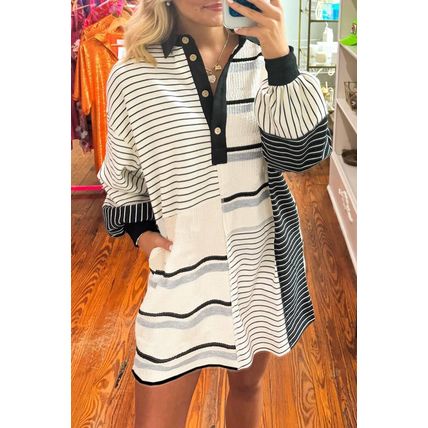 Black Stripe Colorblock Knit Henley Collar Shift Long Sleeve Mini Dress