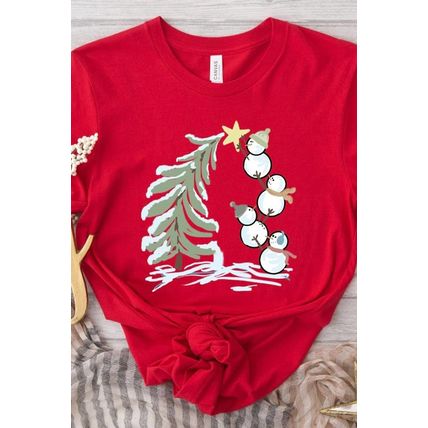 Red Christmas Tree Snowman Printed Crewneck T Shirt
