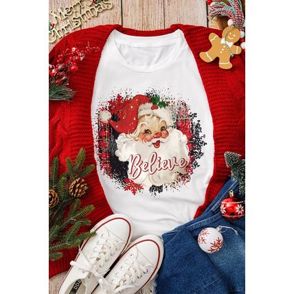 White Believe Christmas Father Graphic Crewneck T Shirt