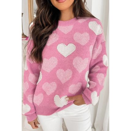 Pink Pearled Heart Print Valentines Crew Neck Sweater