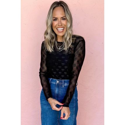 Black Mesh Bow Pattern Long Sleeve Top