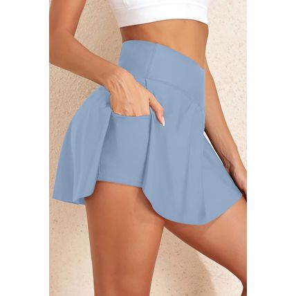 Beau Blue Solid Pocketed Crossover High Waist Swim Skort