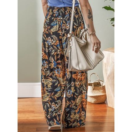 Multicolour Floral Shirred High Waist Wide Leg Pants with Tie