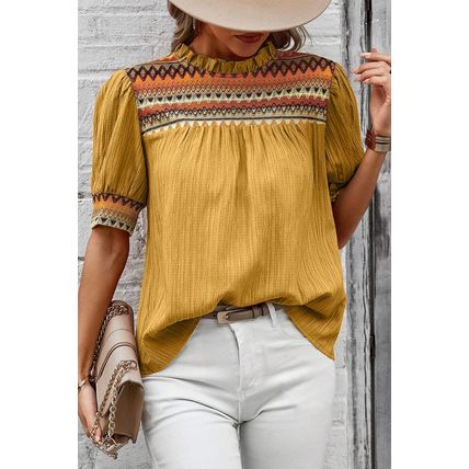Mustard Geometric Short Puff Sleeve Frilled Collar Blouse