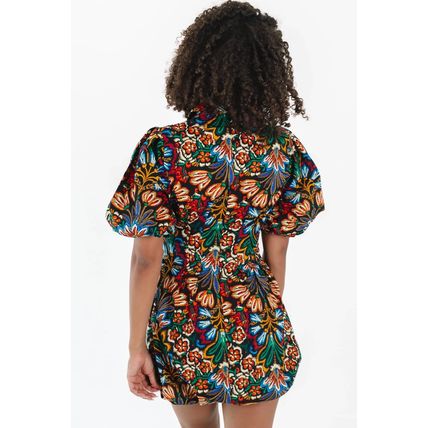 Multicolour Floral Puff Short Sleeve Shirt Mini Dress
