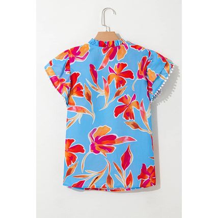 Sky Blue Floral Print V Neck Pompom Trim Flutter Sleeve Blouse