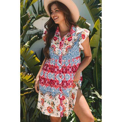 Rose Floral Mixed Pattern Ruffle Flutter Sleeve Buttoned Dress