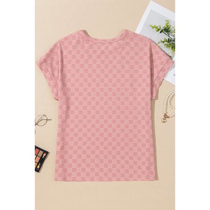 Apricot Pink Checkered Textured Round Neck T-shirt