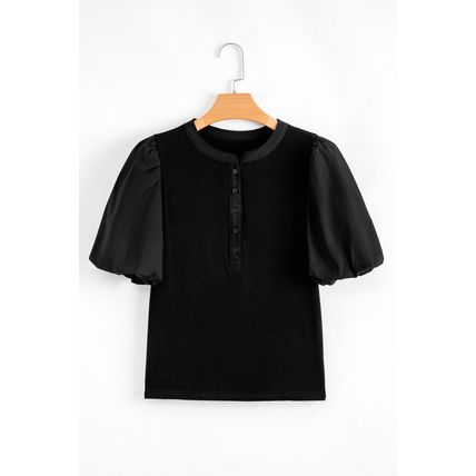 Black Ribbed Patchwork Puff Sleeve Half Button Placket Slim Fit Top